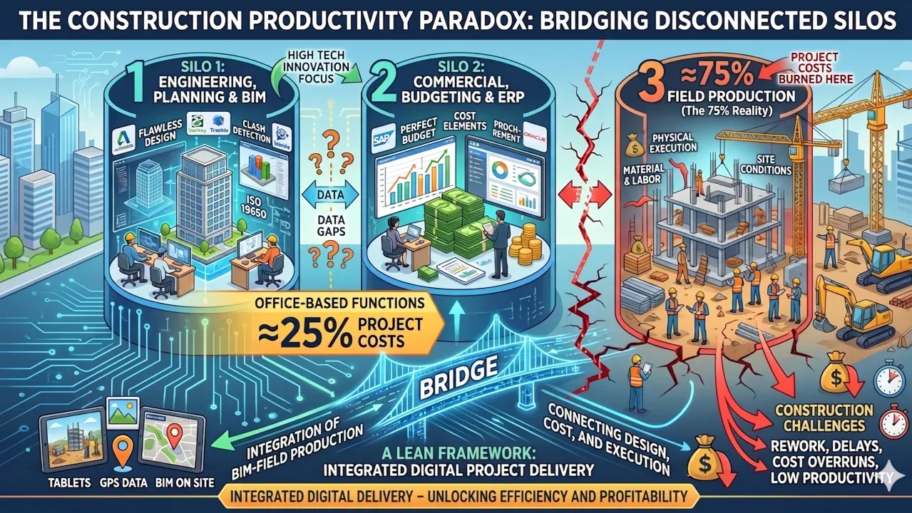 Infografik tiga silo proyek konstruksi: desain dan BIM, anggaran dan ERP, serta produksi lapangan