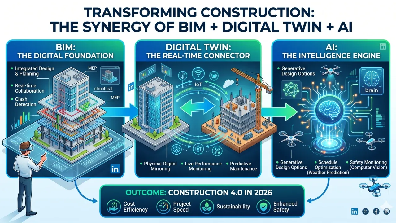Infografik sinergi BIM, digital twin, dan AI dalam konstruksi