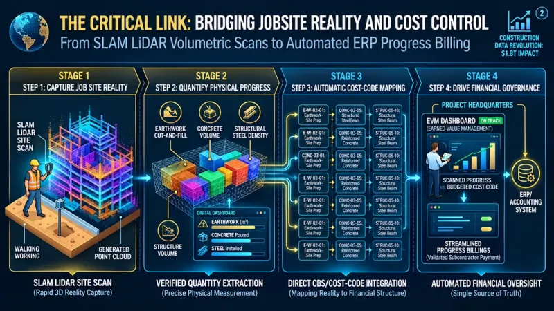 Diagram alur dari pemindaian SLAM LiDAR ke penagihan progres otomatis di ERP