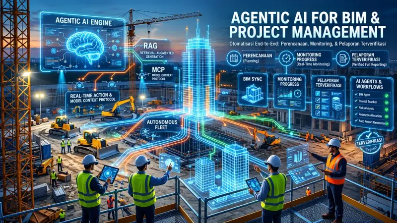 Ilustrasi Agentic AI untuk BIM dan manajemen proyek di lokasi konstruksi