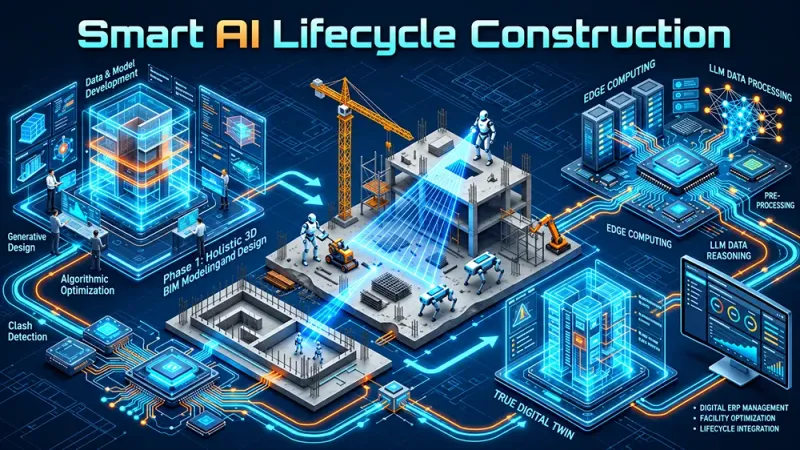 Ilustrasi siklus konstruksi berbasis AI, dari desain BIM sampai digital twin