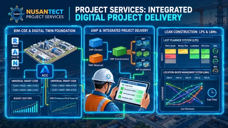 Diagram layanan proyek terintegrasi: BIM-CDE, AWP, dan Lean Construction